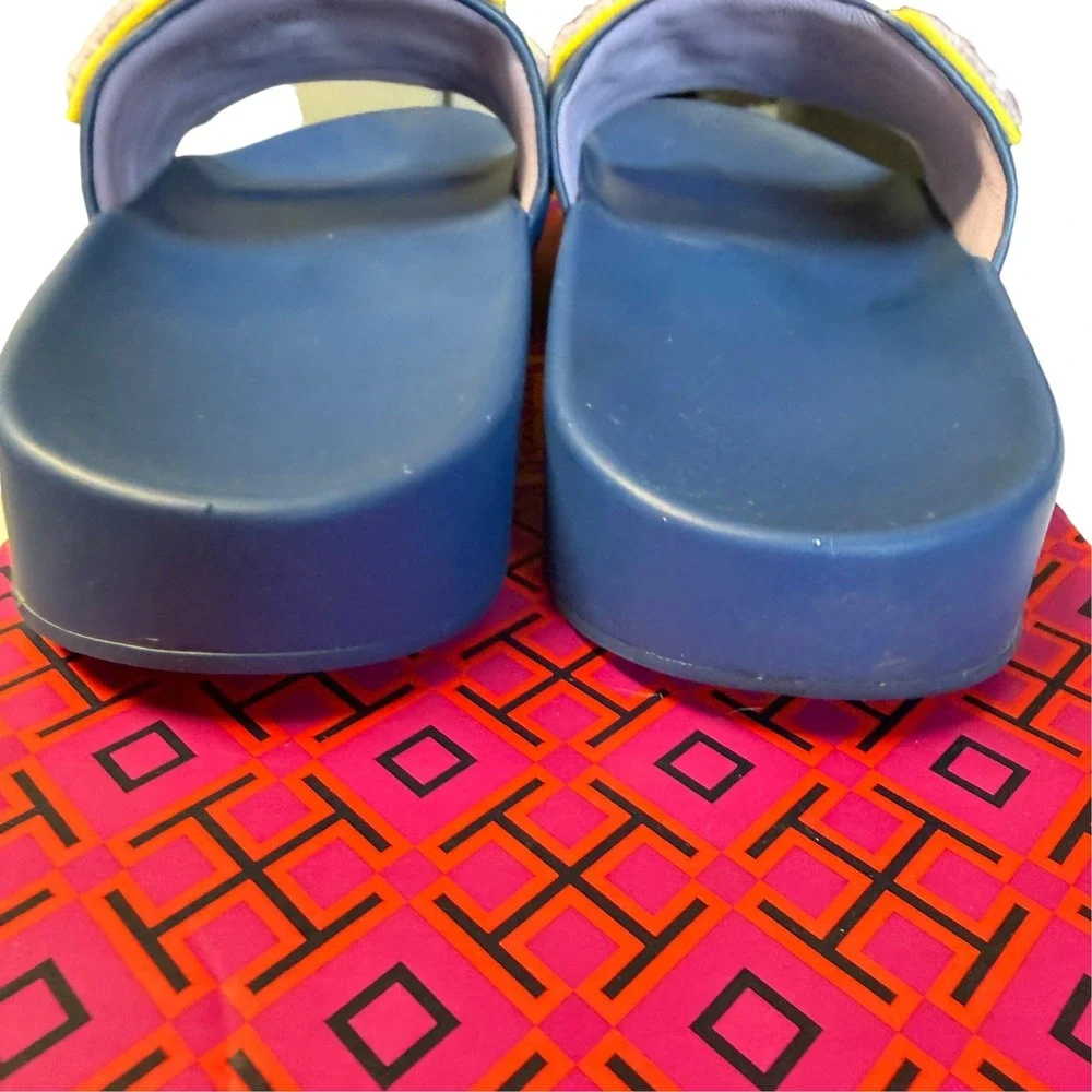 Tory Burch Love Slide Blue Wash Lavender Chenille Patch Platform Sandals  8